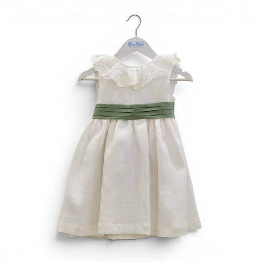 Vestido linho pérola faixa drapeada
