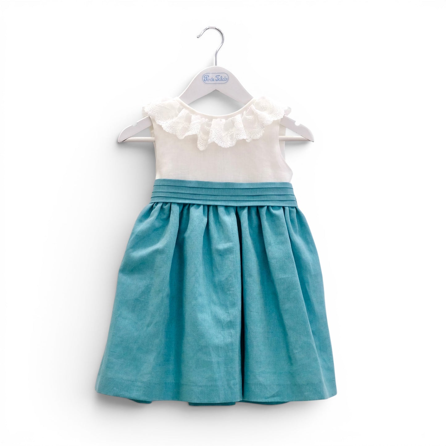 Vestido bico linho faixa drapeada